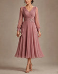 Grayish Pink Chiffon V-neck Long Sleeve Midi Dress