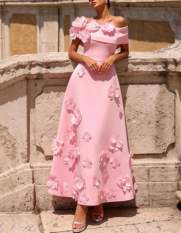 Pink Off Shoulder 3D Handmade Flower Maxi Dress