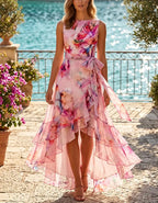 Pink Floral Print Sleeveless Belted Bow High Low Layer Ruffle Chiffon Maxi Dress