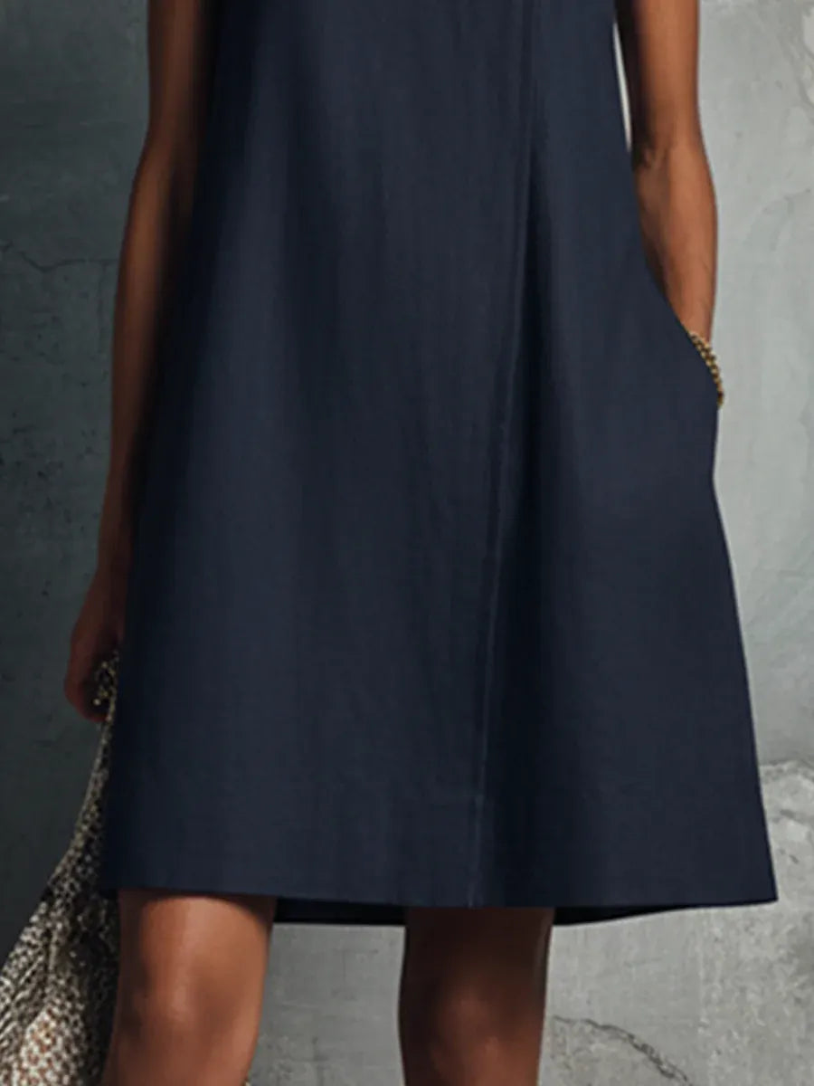 Navy Blue Round Neck Diagonal Button Sleeveless Mini Dress