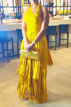 Women's Fashion Party Asymmetric Neckline Fringe Midi Dress