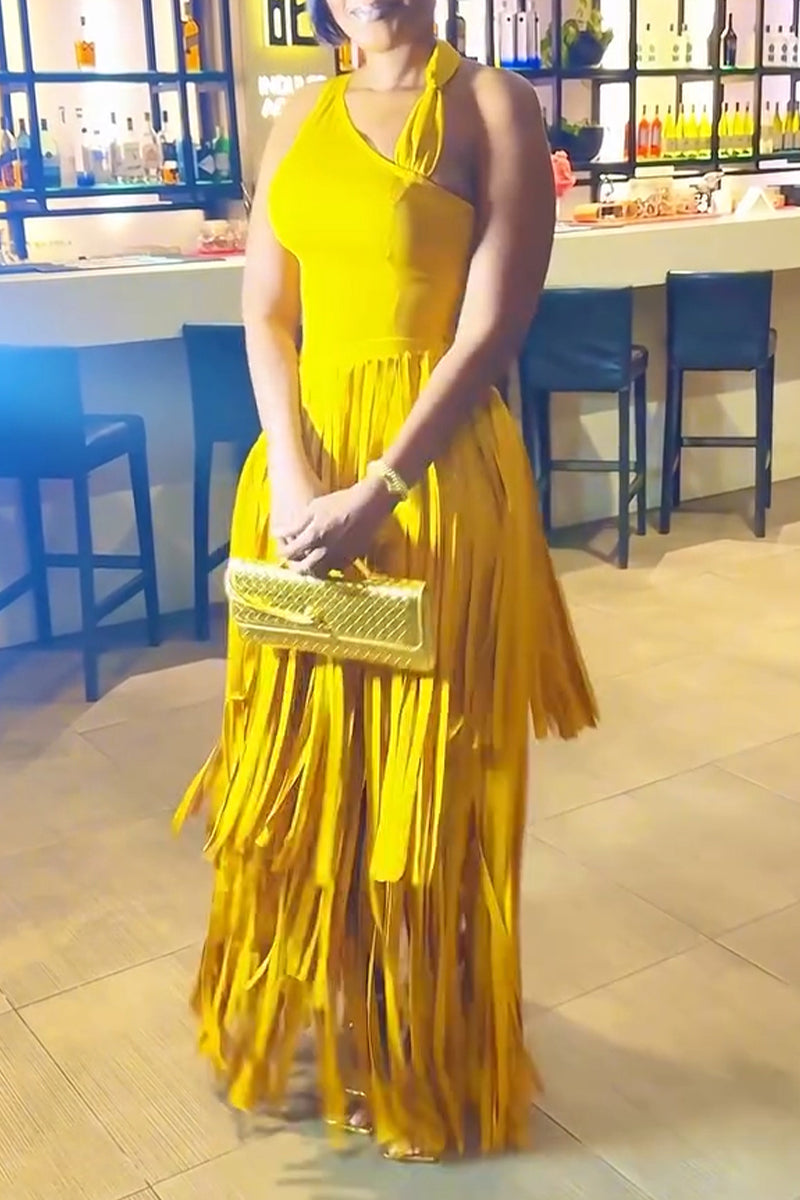 Women's Fashion Party Asymmetric Neckline Fringe Midi Dress