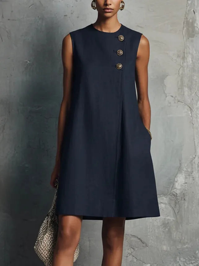 Navy Blue Round Neck Diagonal Button Sleeveless Mini Dress