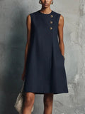 Navy Blue Round Neck Diagonal Button Sleeveless Mini Dress