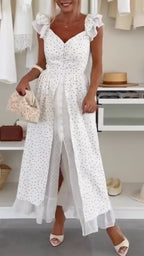 Women's Elegant Dress – Flutter Sleeves – Faux-Layered Design with Side Slits