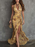 Vintage Floral Halter V-Neck Lace Trim Ruched Maxi Dress