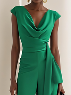 Women Green Ruched Cowl Neck Cap Sleeve Dressy Jumpsuit