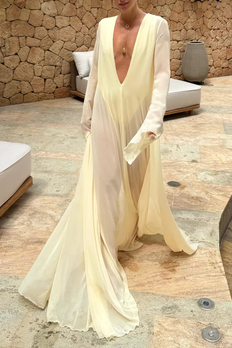 Deep V Sheer Chiffon Kaftan Maxi Dress