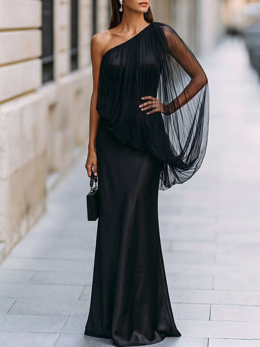 One-shoulder satin mermaid gown with a sheer tulle overlay