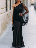 One-shoulder satin mermaid gown with a sheer tulle overlay