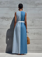 Women’s Color Block Cotton-Linen Striped Linen Sleeveless Maxi Dress With Drawstring Waist & Pockets MDZ0231F6T