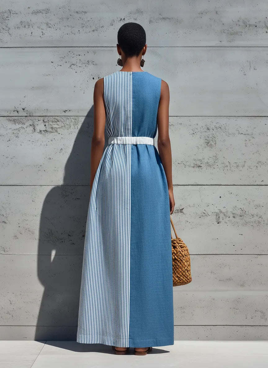 Women’s Color Block Cotton-Linen Striped Linen Sleeveless Maxi Dress With Drawstring Waist & Pockets MDZ0231F6T