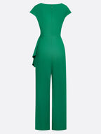 Women Green Ruched Cowl Neck Cap Sleeve Dressy Jumpsuit