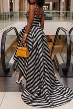 Women's Fashion Stripe Asymmetric Hem Maxi Dress