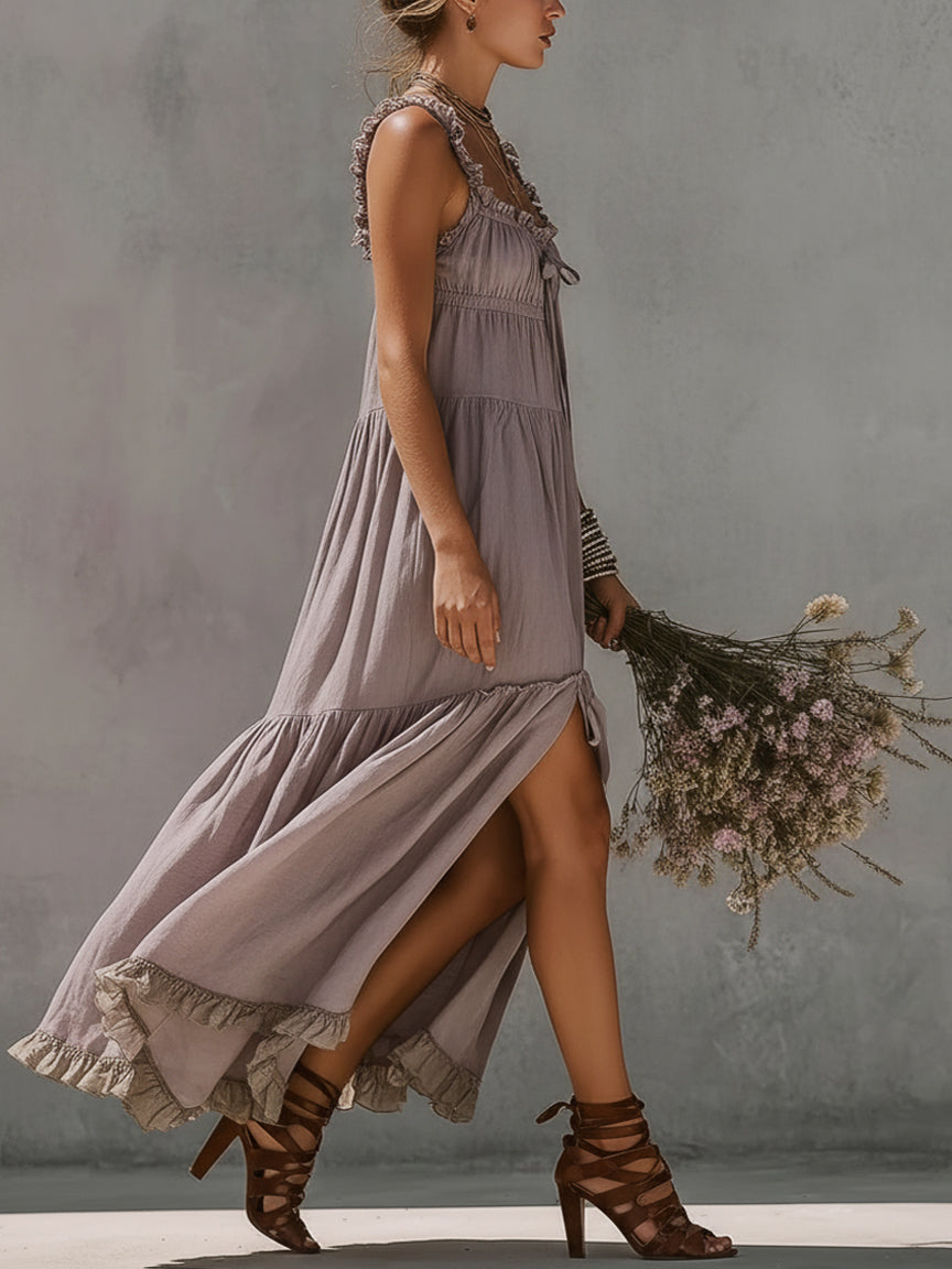 Purple lace-trimmed slit camisole maxi dress
