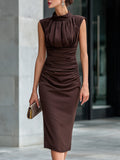 Neck Ruched Waist Sleeveless Midi Dress