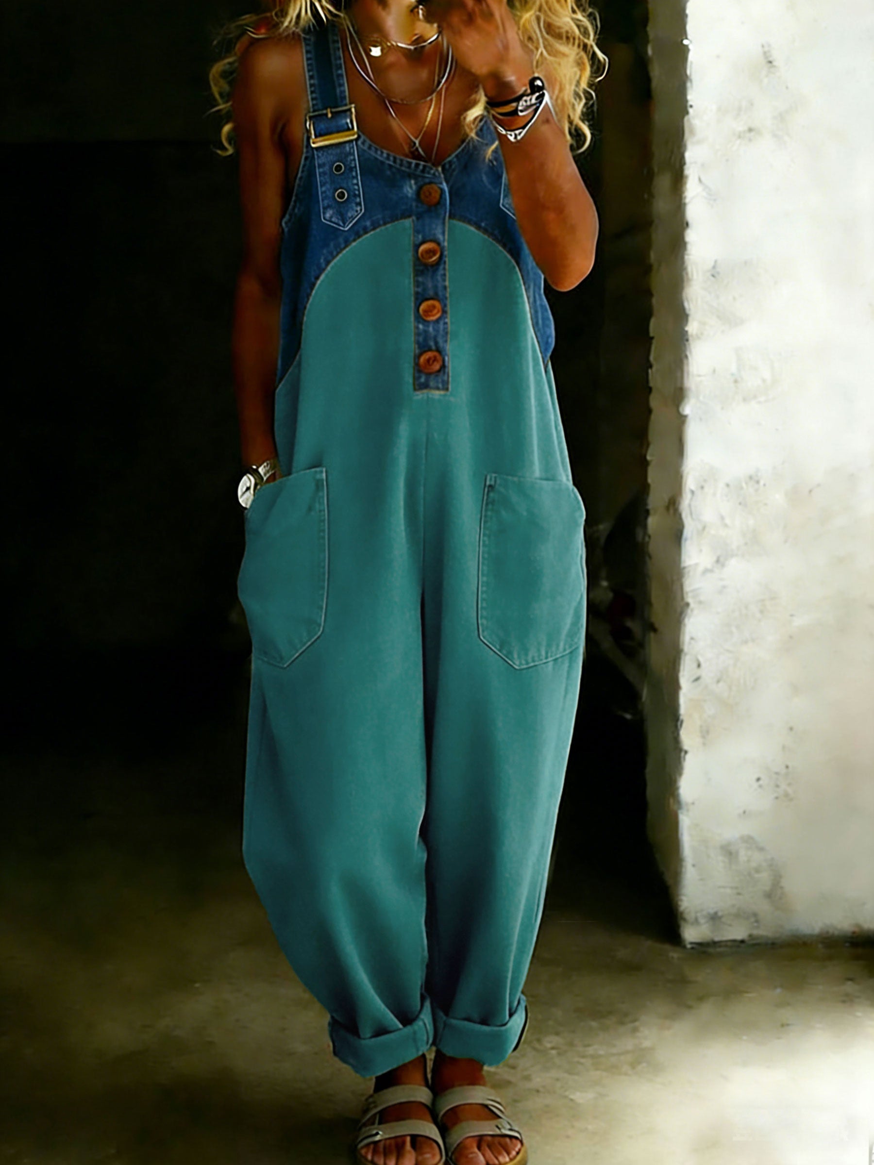 Women’s Casual One Piece Denim Denim Patchwork Jumpsuit