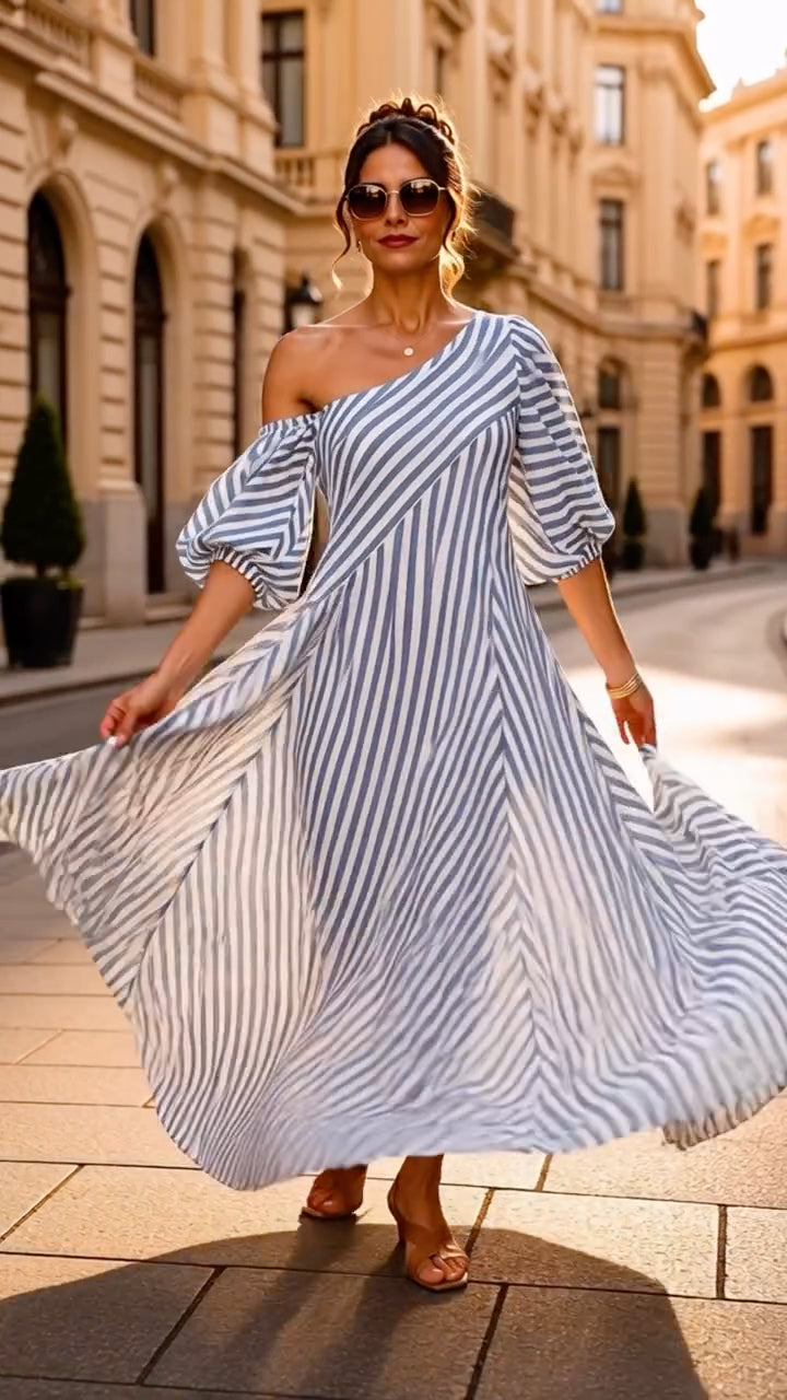 Blue White Stripe Asymmetrical Off Shoulder Midi Dress