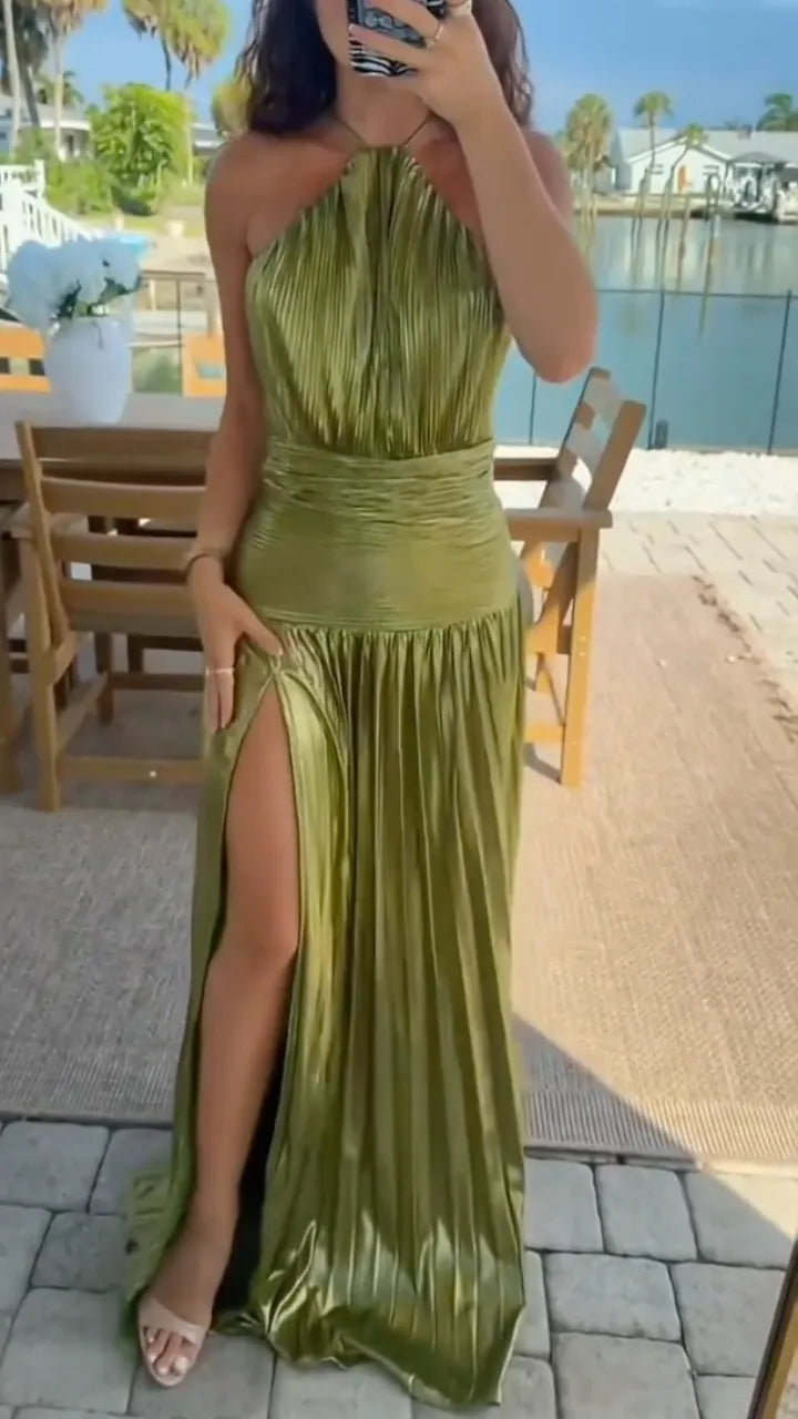 Olive Green Pleated Satin Halter Slit Maxi Dress