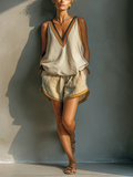 Women's Beige Linen-Blend Contrast Trim V-Neck Tank Top & Khaki Shorts Two-Piece Set MDZ2086C2T