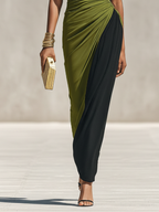 Women's Black & Olive Green Color-Block Jersey Maxi Dress With High Neck & Waist Ruched Detail, Elegant Bodycon Evening Dress MDZ0948F9LYL