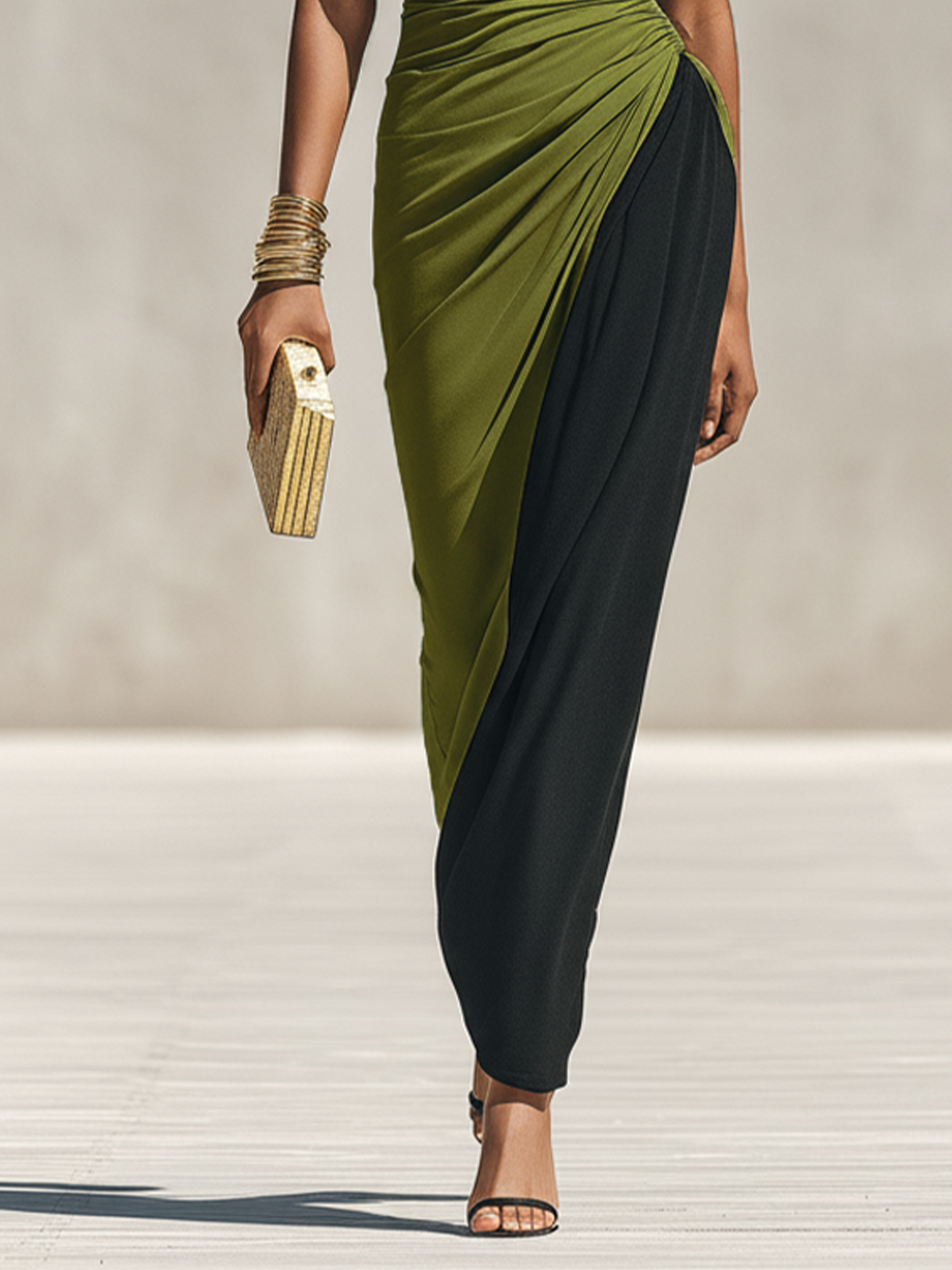 Women's Black & Olive Green Color-Block Jersey Maxi Dress With High Neck & Waist Ruched Detail, Elegant Bodycon Evening Dress MDZ0948F9LYL