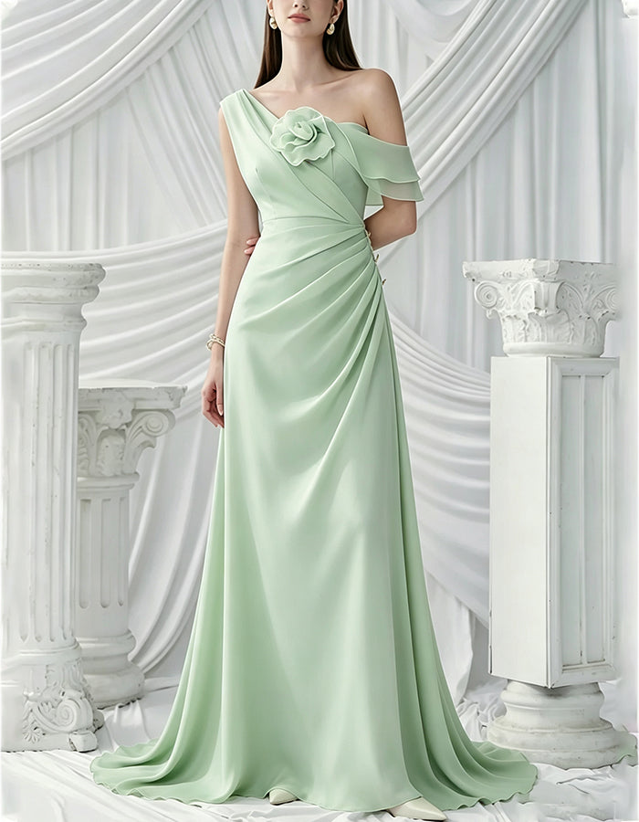 One Off Shoulder 3D Flower Cross Ruched Chiffon Maxi Dress