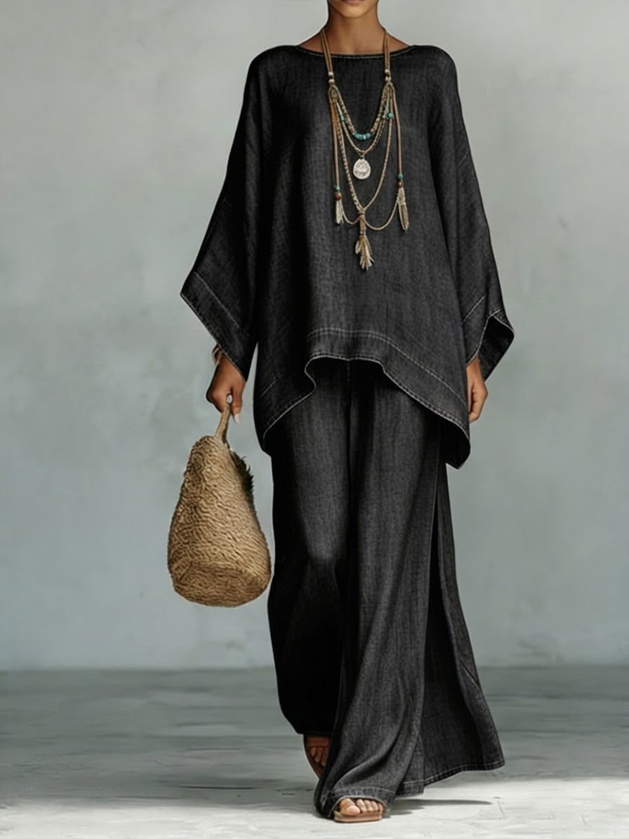 Cozy And Casual Tencel Denim Top And Wide-leg Pants Two-piece Set
