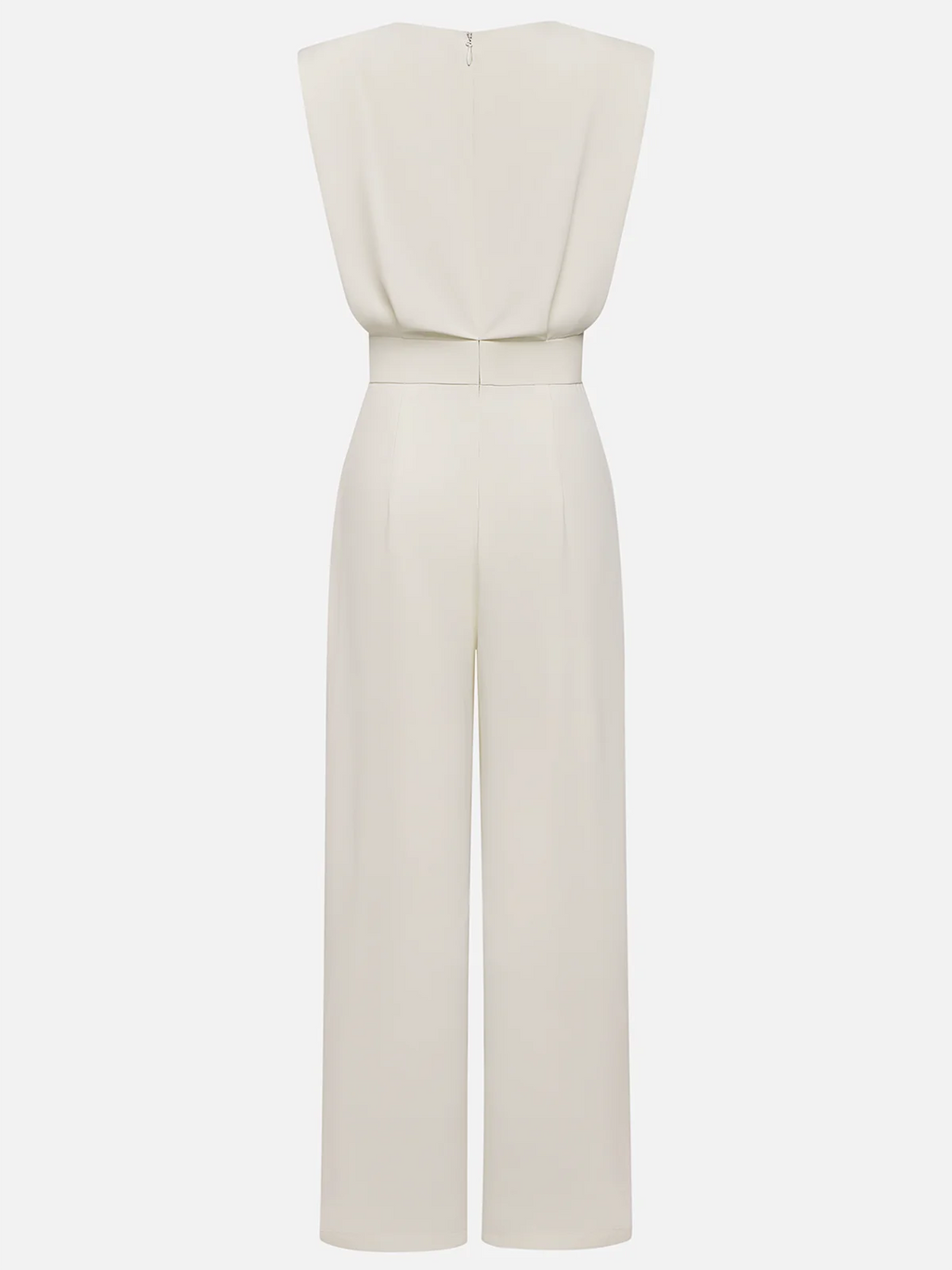 Women Off White Crew Neck Sleeveless Dressy Jumpsuit With Pockets