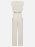 Women Off White Crew Neck Sleeveless Dressy Jumpsuit With Pockets