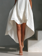 Women's White Linen Fabric Sleeveless Midi Dress With Round Neck & Asymmetric Hem MDZ0987B9T