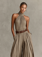 Women's Taupe Cotton-Blend Jumpsuit With Halter Neck & Wide-Leg Silhouette, Timeless Boho-Elegant Style Jumpsuit (Without Belt) MDZ0940C3I