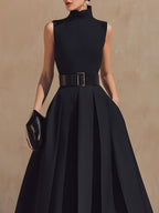 Belted High-Neck Pleated Maxi Dress
