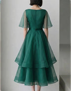 Emerald Green Sheer Cape Sleeve Multi Tier Ruffle Organza Midi Dress