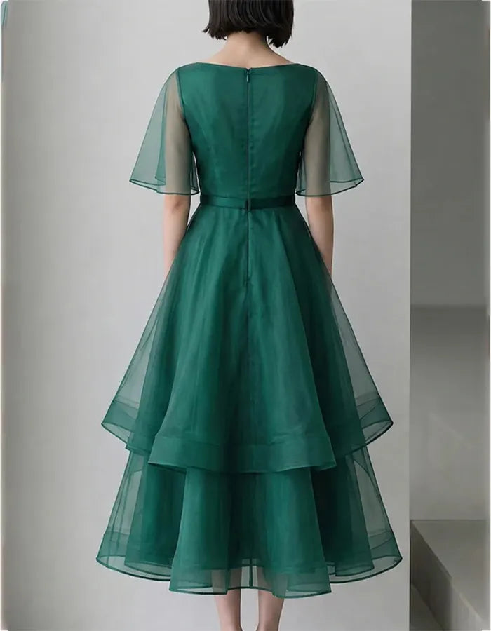 Emerald Green Sheer Cape Sleeve Multi Tier Ruffle Organza Midi Dress