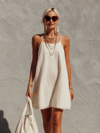 Women's White Linen-Blend Mini Dress With Spaghetti Straps & A-Line Silhouette, Timeless Minimalist Casual Dress MDZ0128F5LYL