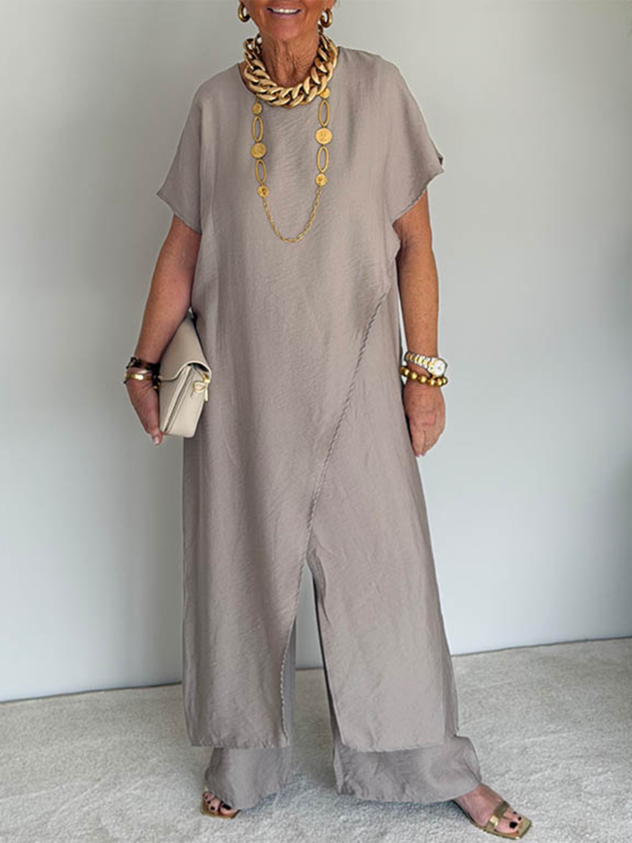 Women's Cozy Loose Fit Asymmetrical Two-Piece Set - Casual Retro Cotton Blend Outfit