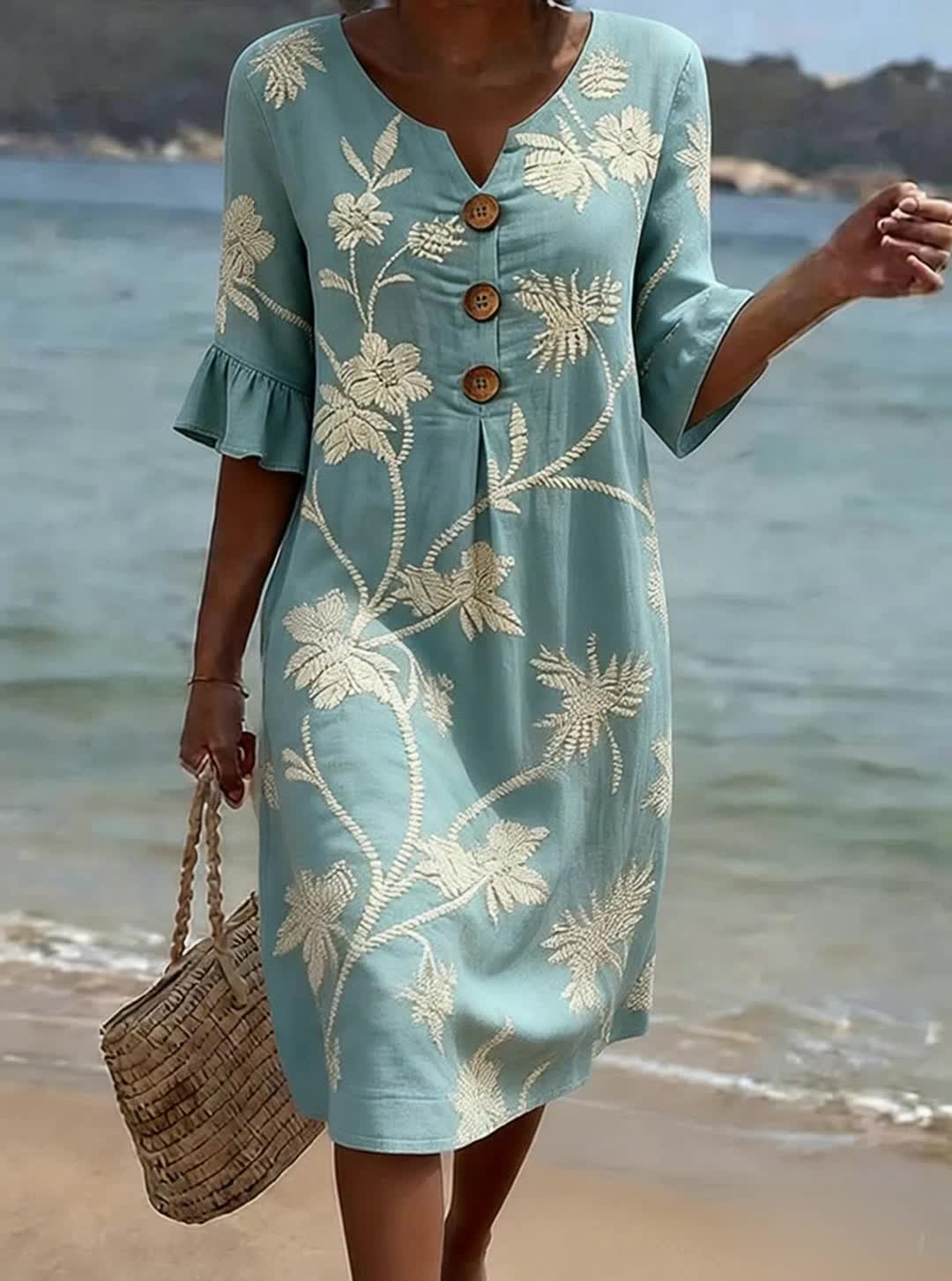 Women's Floral Print Casual Cotton-Linen Dress