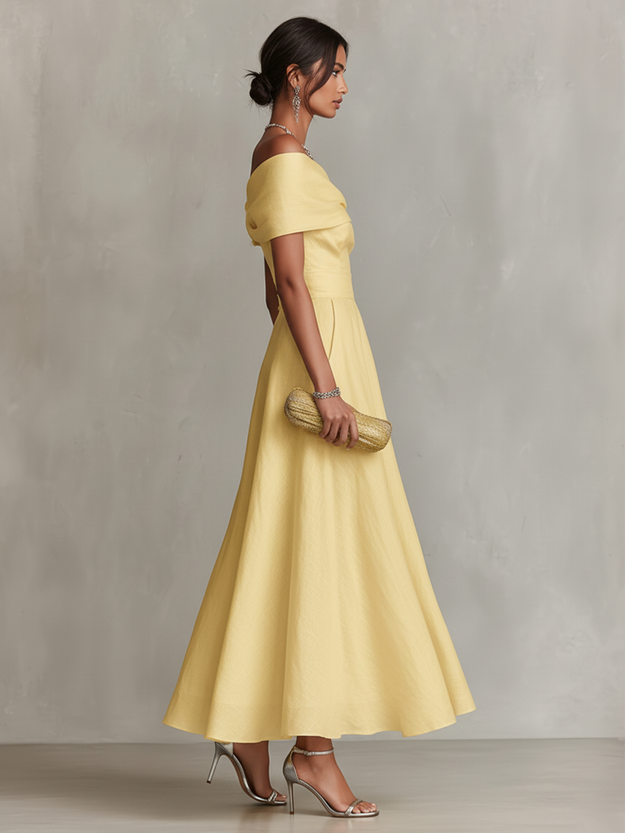 Women's Yellow Linen Dress With One-Shoulder Neckline & Fitted Waist, Timeless Elegant-Chic Style Dress MDZ2630B3I