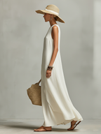 Women's Ivory Breathable Linen Dress With Sleeveless Detail & Asymmetric Hem, Contemporary Casual-Feminine Style Dress MDZ0408C2I