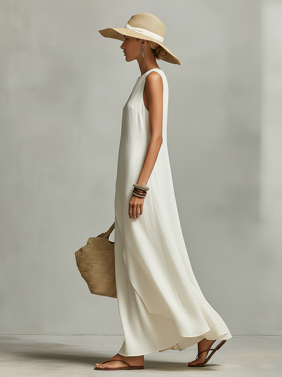 Women's Ivory Breathable Linen Dress With Sleeveless Detail & Asymmetric Hem, Contemporary Casual-Feminine Style Dress MDZ0408C2I