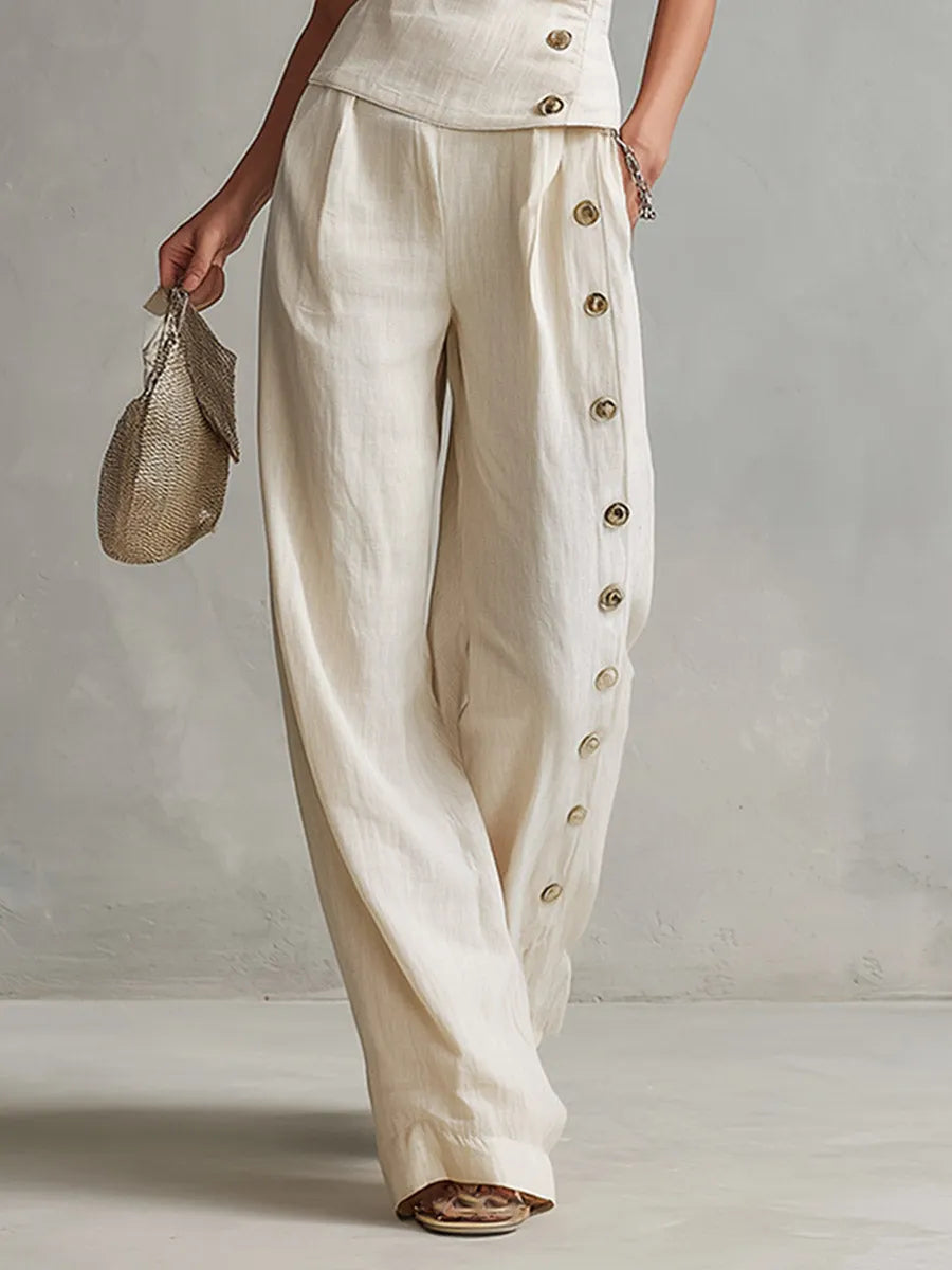Urban Minimalist Off-White One-Shoulder Button-Detail Top & Wide-Leg Linen Trousers Set