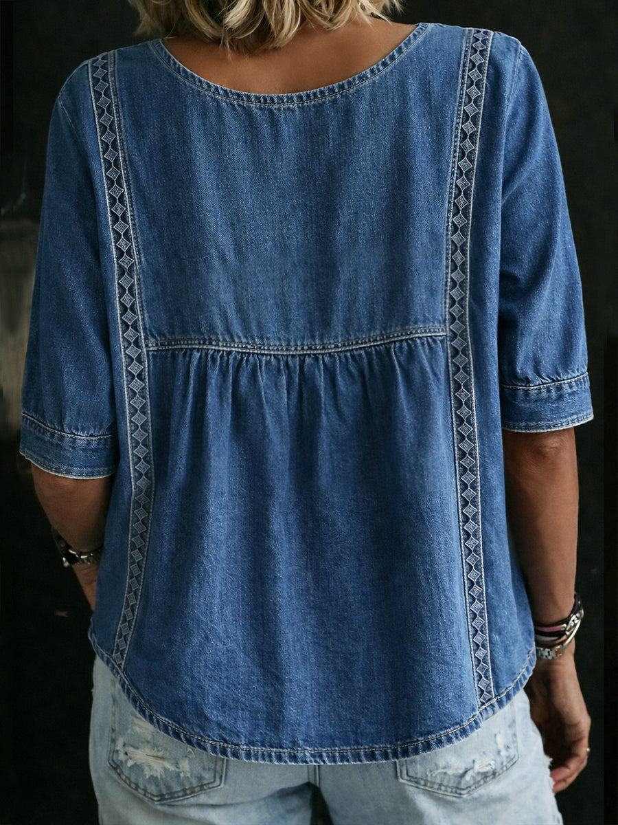 Casual Patchwork Lace Denim Top