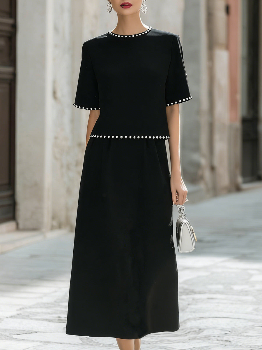 Elegant Pearl-Trimmed Two-Piece Midi Skirt Set