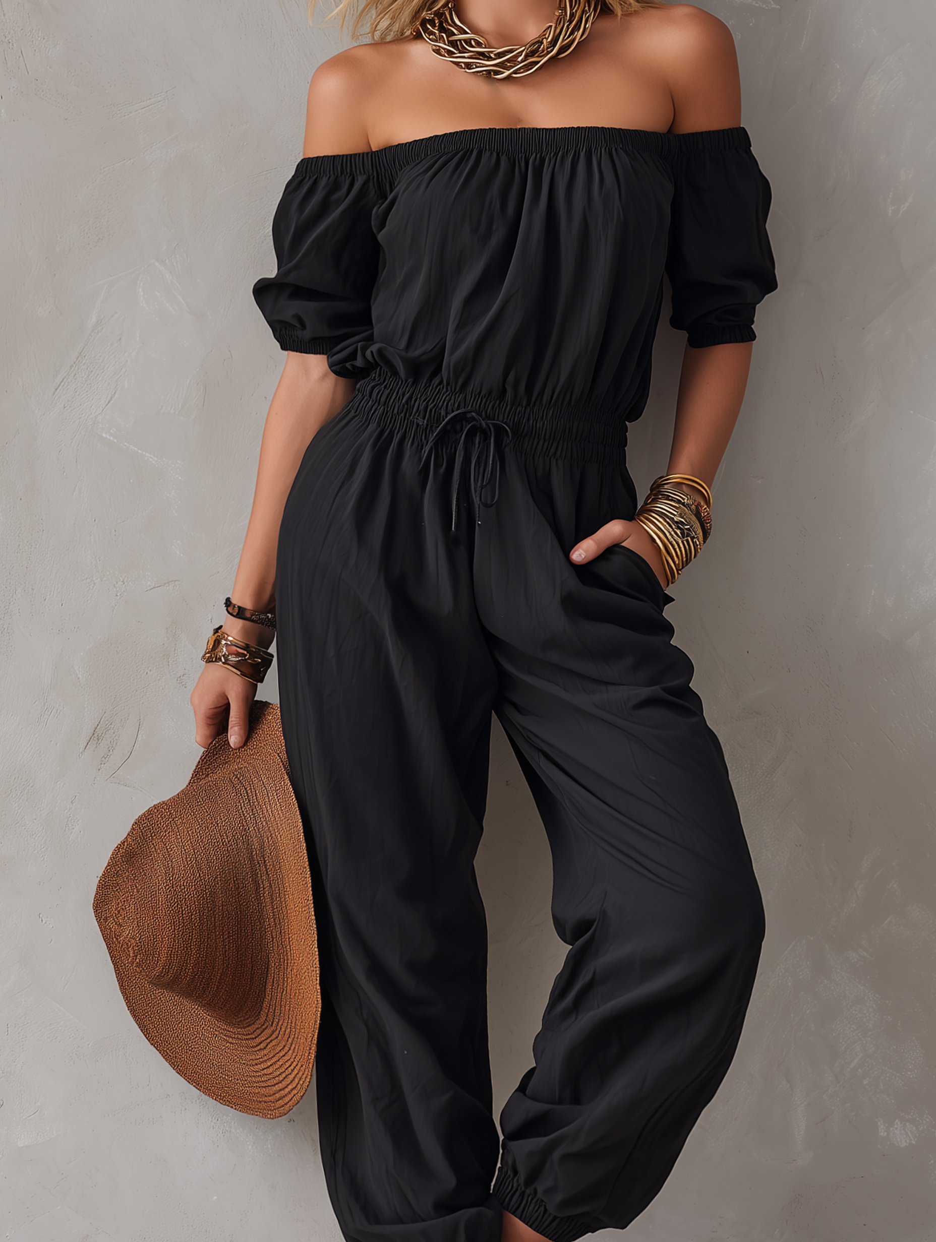 Women's Casual Black Woven Off-Shoulder Sleeveless Jumpsuit MDZ1751F1LXY