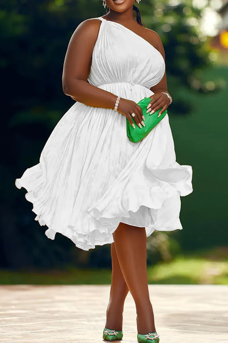Ladies' Casual One Shoulder Ruffle Hem Dress