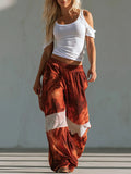 Chic Sporty Style White Off-the-shoulder T-shirt And Red Camouflage Wide-leg Pants Set