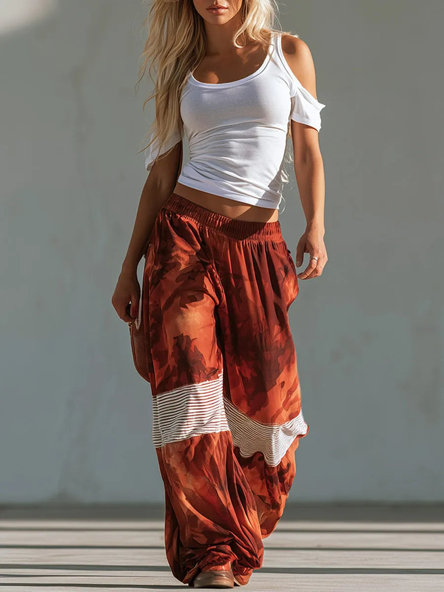 Chic Sporty Style White Off-the-shoulder T-shirt And Red Camouflage Wide-leg Pants Set