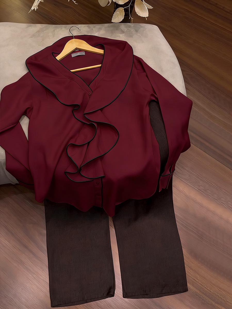 Women's V-neck Long-sleeve Loose-fit Top & Elastic-waist Wide-leg Pants Set