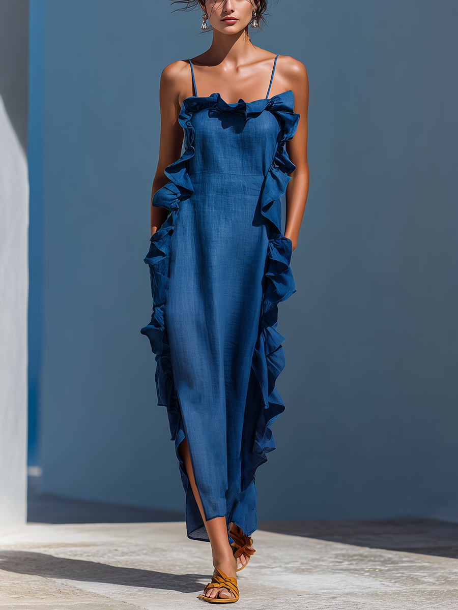 Women’s Blue Linen-Blend Spaghetti Strap Ruffle Trim Maxi Dress With Slit MDZ2407D1T